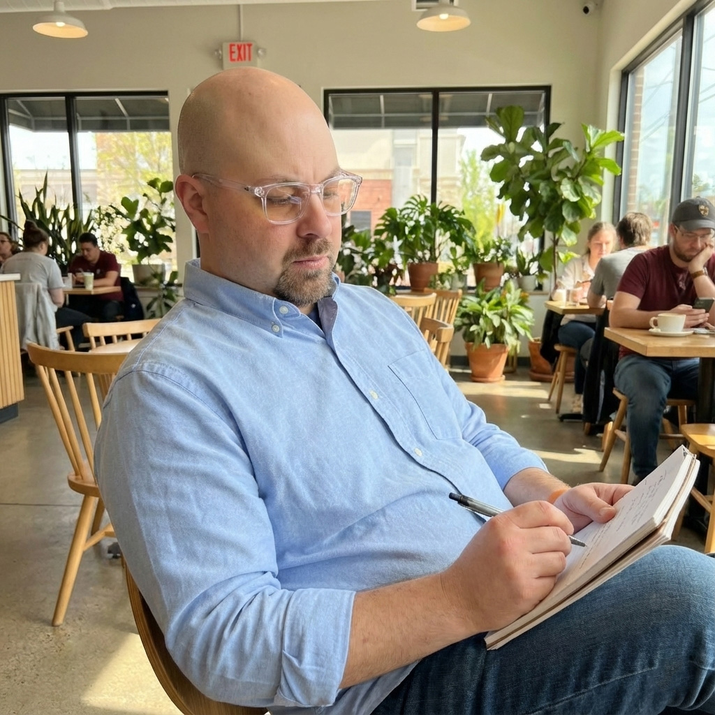 Simon sitting in a coffee shop, legs crossed, writting in a paper notebook with a pen