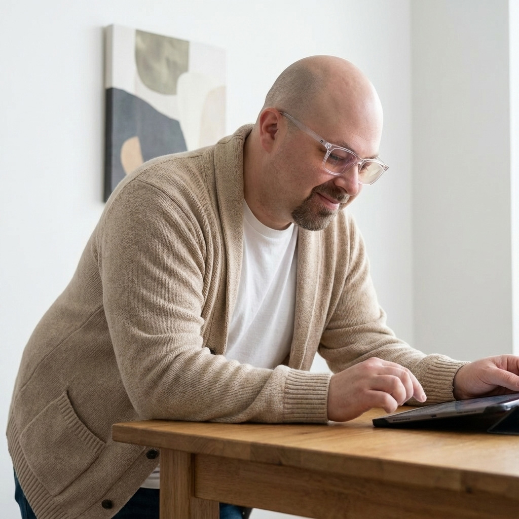 Simon standing at a high top table using an tablet computer