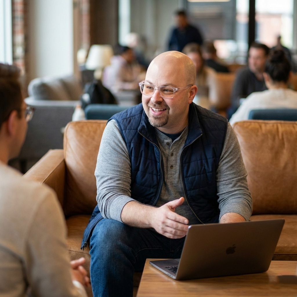 Simon in a coffee shop, leaning forward on a couch towards his laptop while sitting across from a collaborator