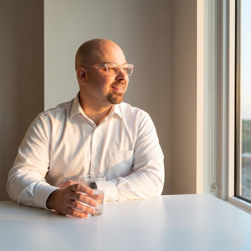 Simon sitting at a high top table gazing out the window into the sun